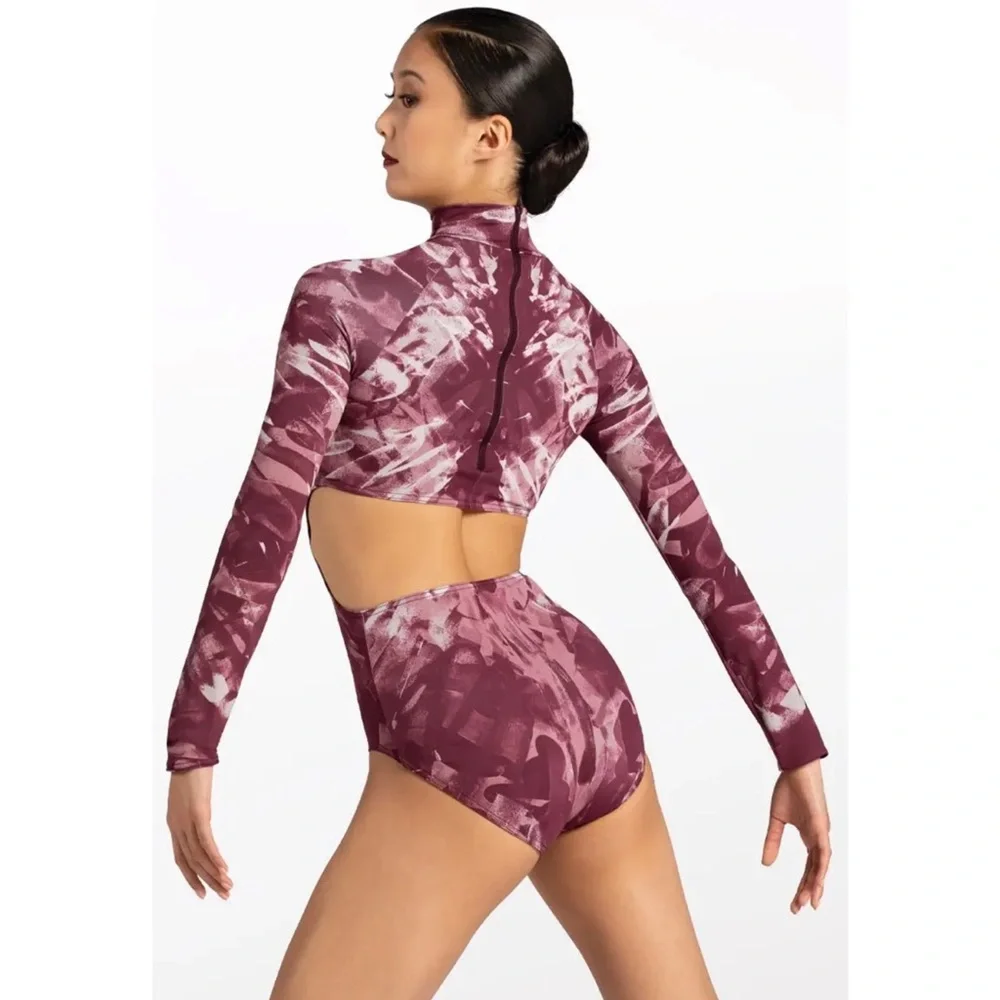 Weissman Elite | Ink Blot Print Leotard Gray and White Long Sleeve Cutout, SA - Picture 2 of 5